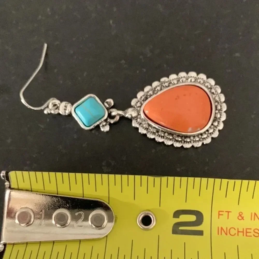 Men’s Western Native American Style Faux Turquoise, Coral & Silver Tone Earrings